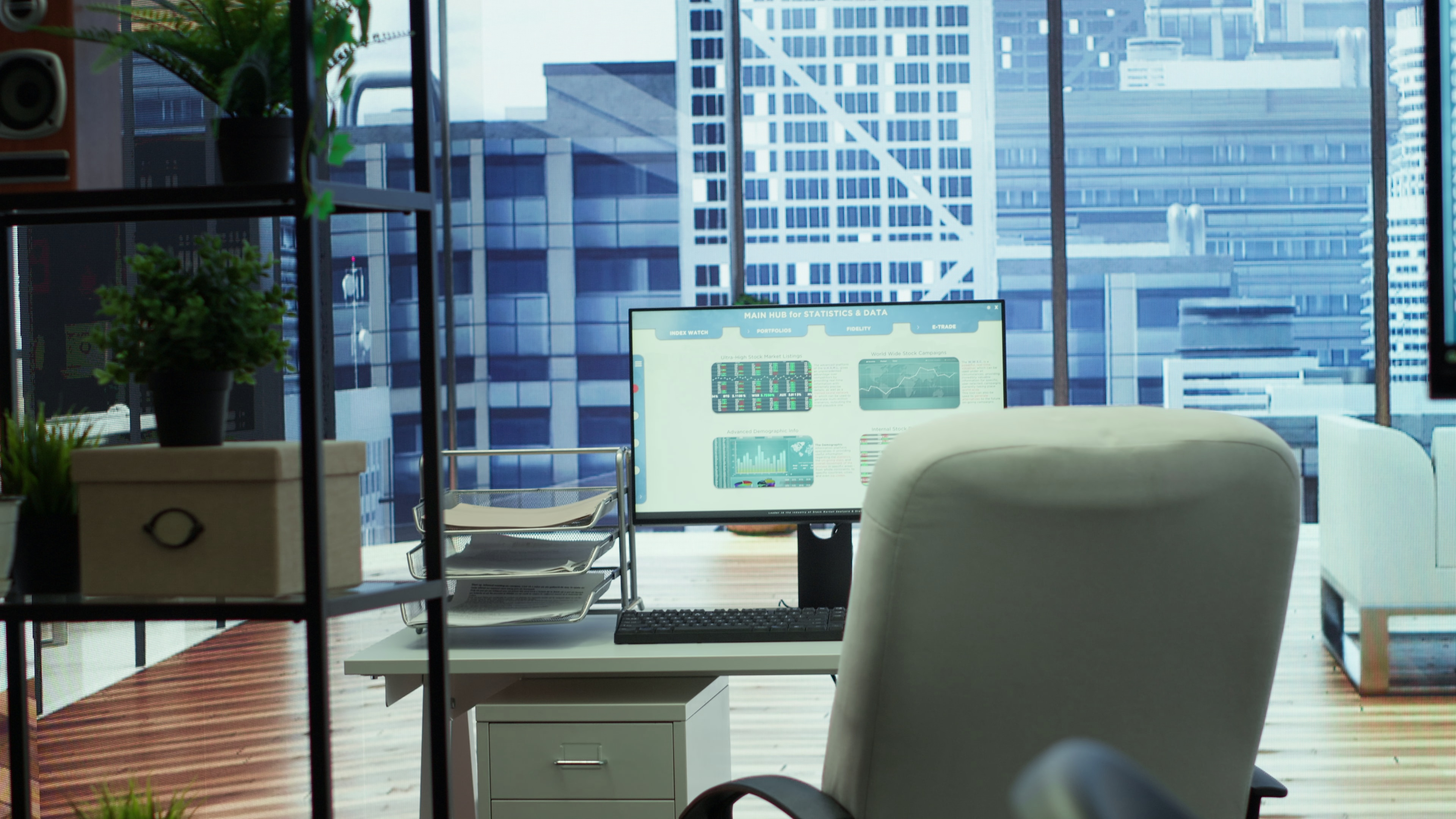 Executive office overlooking city skyline